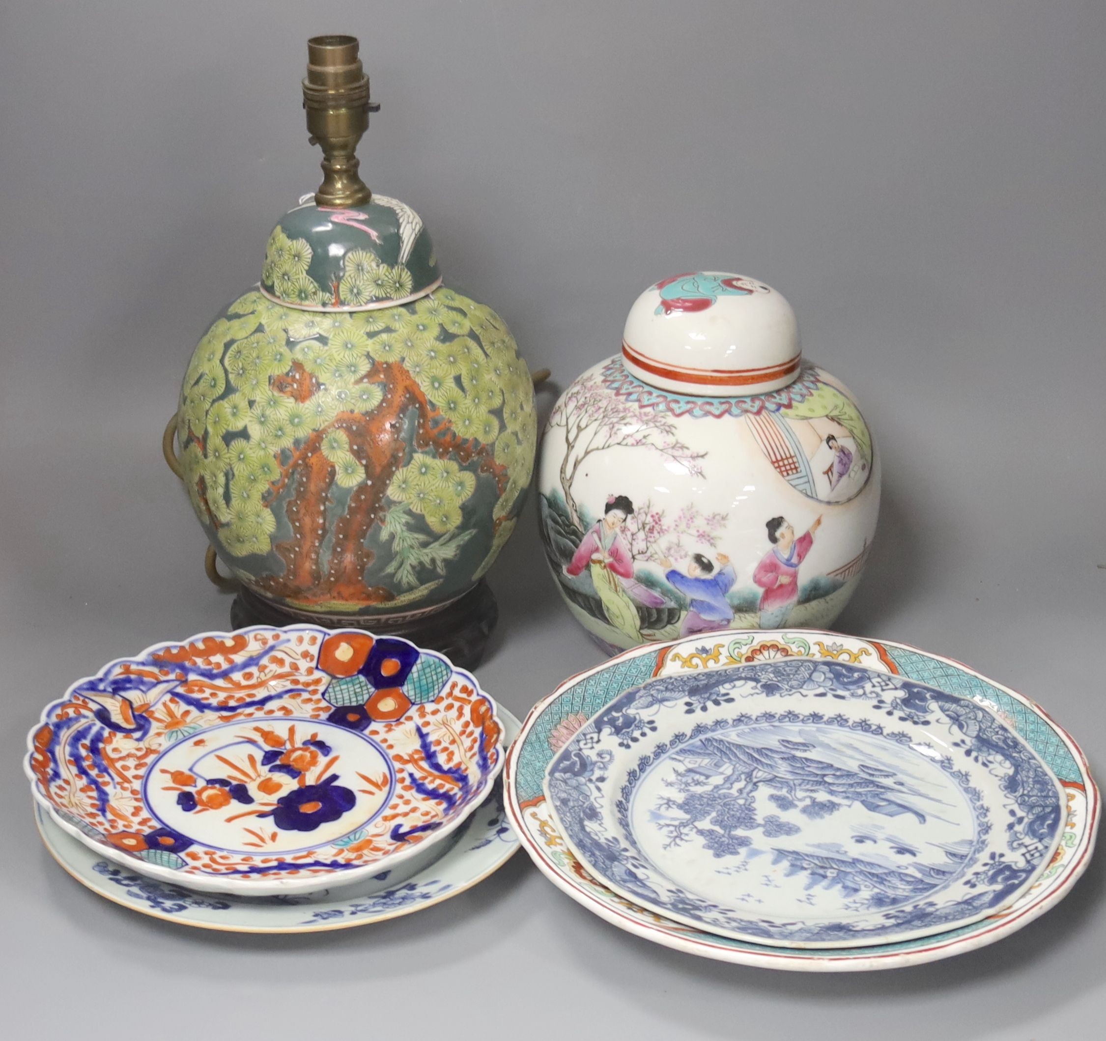Two Chinese export blue and white plates, two ginger jars, a crackle ware vase and a lamp